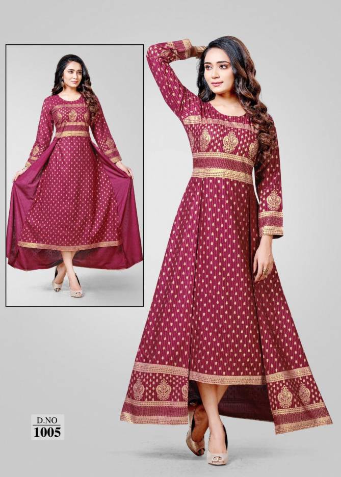 Ft Rayon  Latest Fancy Designer Gold Print Double Cut Kurti Collection